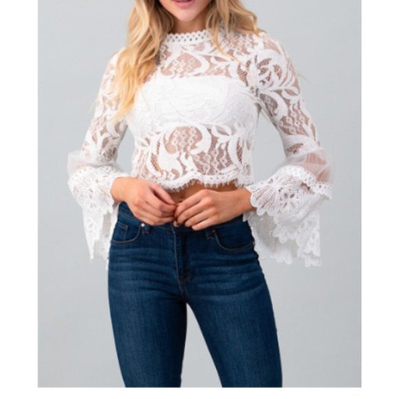 Bell Sleeve Crochet Lace Mesh Crop Top - Picture 1 of 1